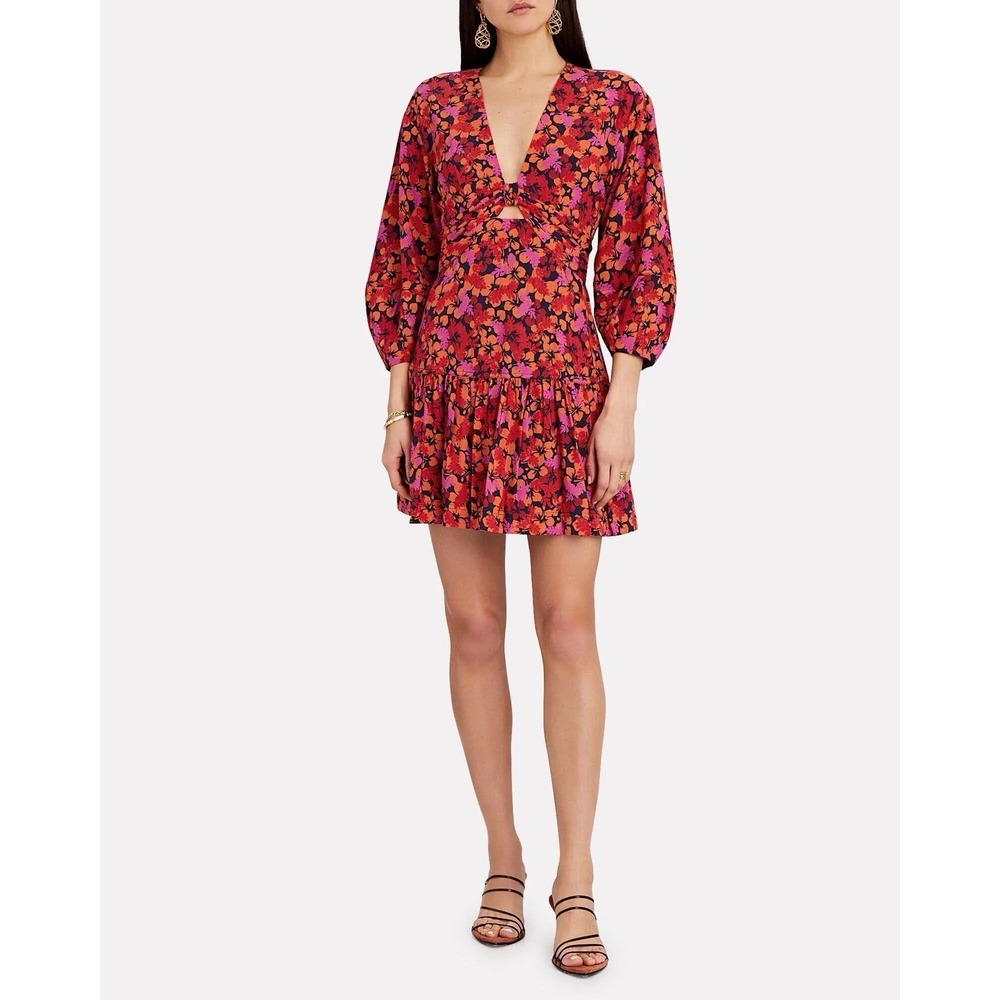 DEREK LAM 10 CROSBY Talia Mini Dress Floral Blouson Sleeve Twisted Women Size 4